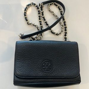 Tory Burch Small Black Crossbody with Chainlink strap and embroidered TB logo